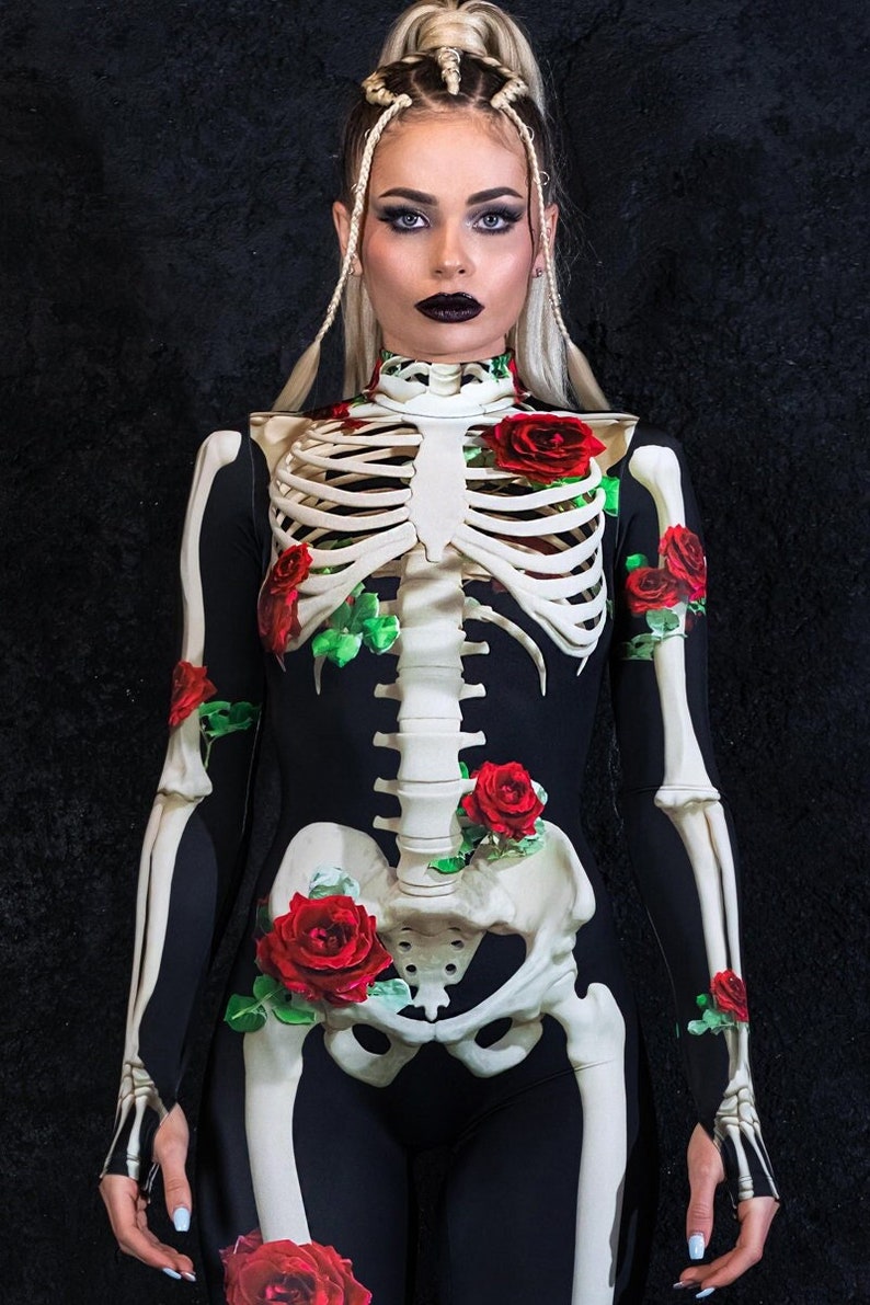 Halloween Costume for Women, one piece skeleton costume with roses, Day of the Dead costume, skeleton bodysuit, Halloween adult costume image 1