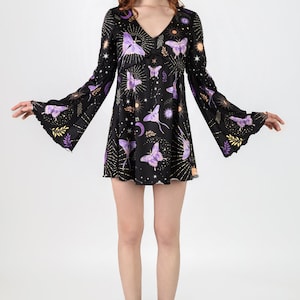 Black Butterfly Dress With Bell Sleeves Full View