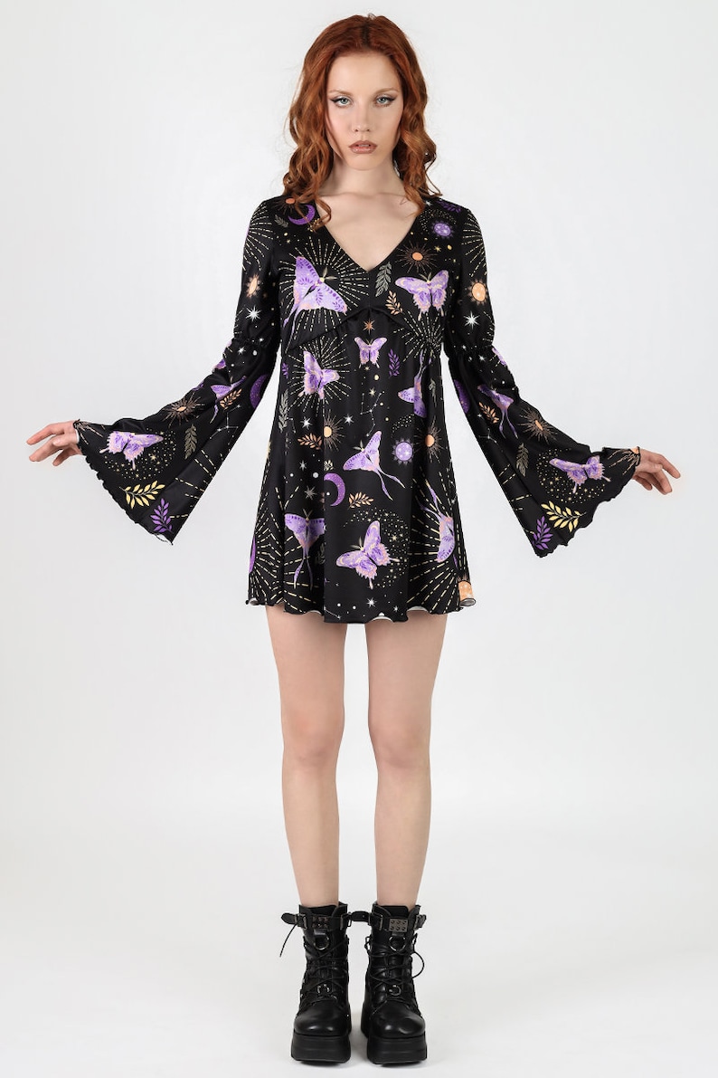 Black Butterfly Dress With Bell Sleeves Full View