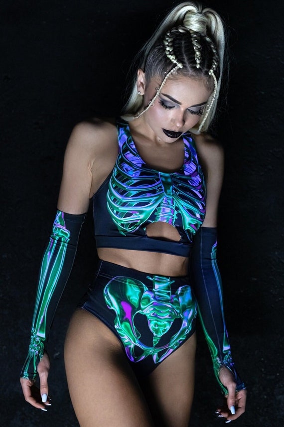 Sexy Skeleton Costume, Rave Halloween Costume, Adult Halloween Costume ,  Sexy Matching Set, Halloween 2 Piece Outfit, Halloween Rave Outfit -   Canada