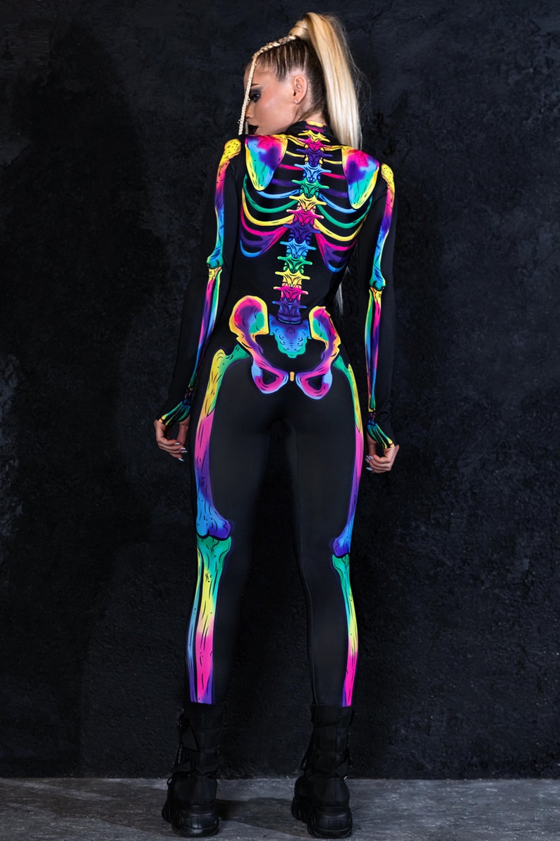 Skeleton Costume with Rainbow Bones, Halloween Skeleton Costume for Women, skeleton bodysuit, skeleton catsuit, LGBT Halloween costume image 3