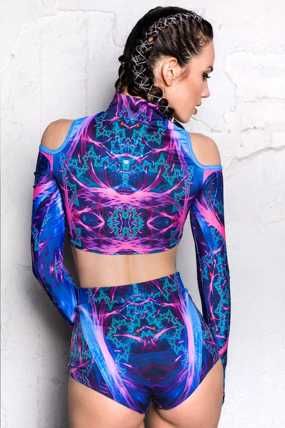 Blue Festival Shorts High Waisted Booty Shorts for Women Fractal Rave Shorts Rave Outfits Rave Wear Burning Man Festival Two Piece Set Etsy Canada