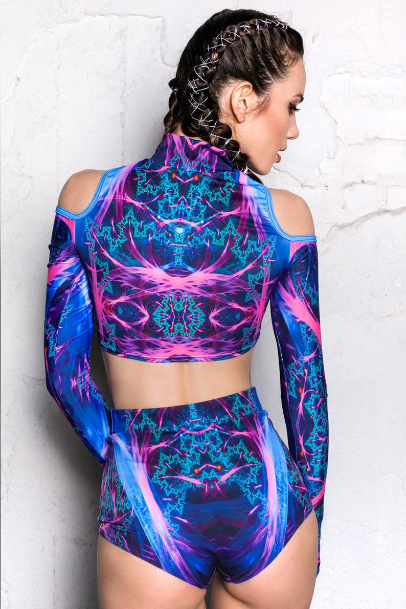 blue fractal rave shorts rave wear rave outfit Blue Festival Shorts high waisted shorts for women Burning Man clothing festival set