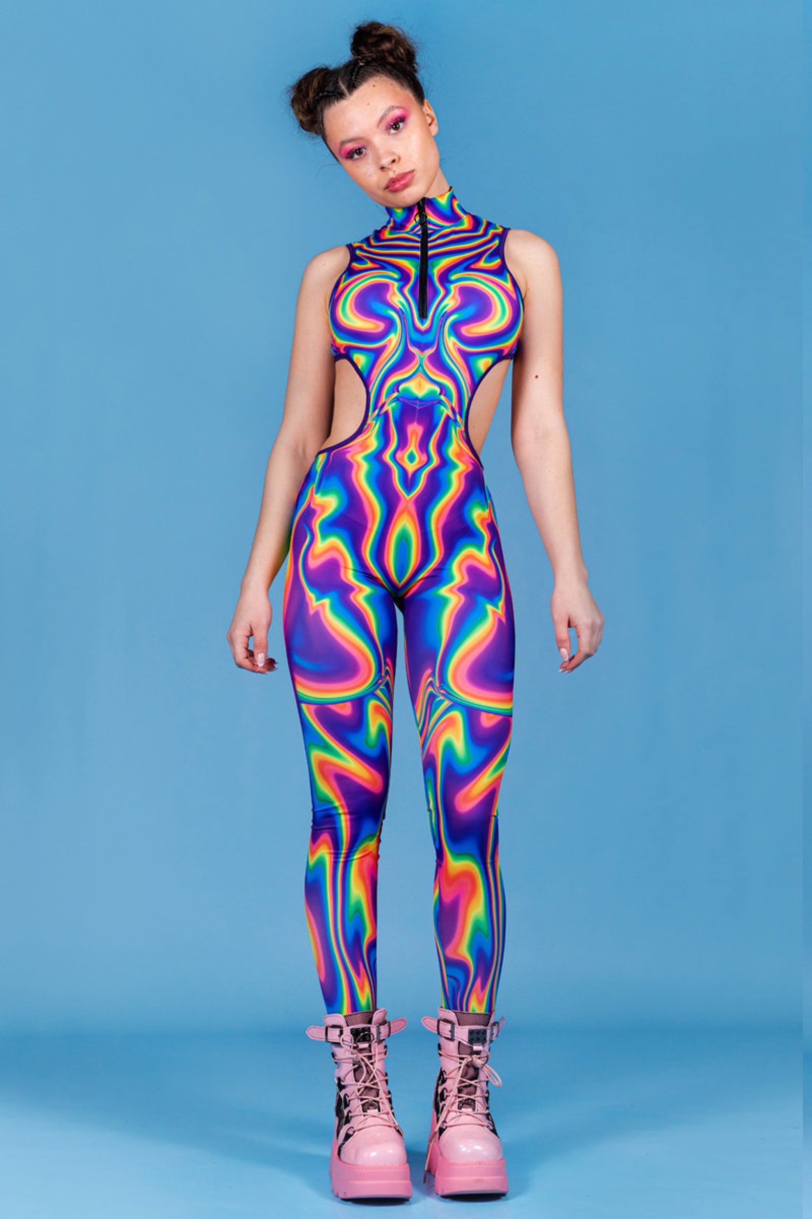 Rainbow Rave Costume for Women, Rave Catsuit, Cutout Bodysuit Costume ...