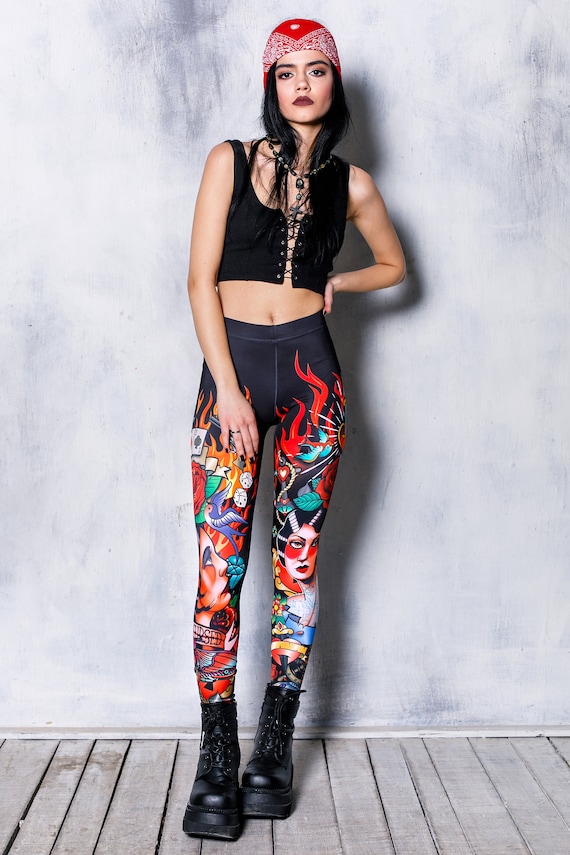 Tattoo Leggings, printed high waisted leggings, fire leggings for women, Gothic clothing, grunge clothing, goth clothing, plus size leggings