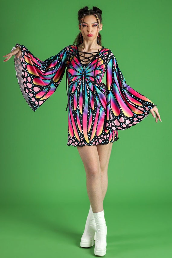 Butterfly Print Bell Sleeve Dress, Flare Sleeve Dress, Boho Lace up Dress, Pride Knee Length Dress, Printed Short Dress, Pride Outfit - Etsy Butterfly Print Bell Sleeve Dress, Flare Sleeve Dress, Boho Lace up Dress, Pride Knee Length Dress, Printed Short Dress, Pride Outfit - Etsy
