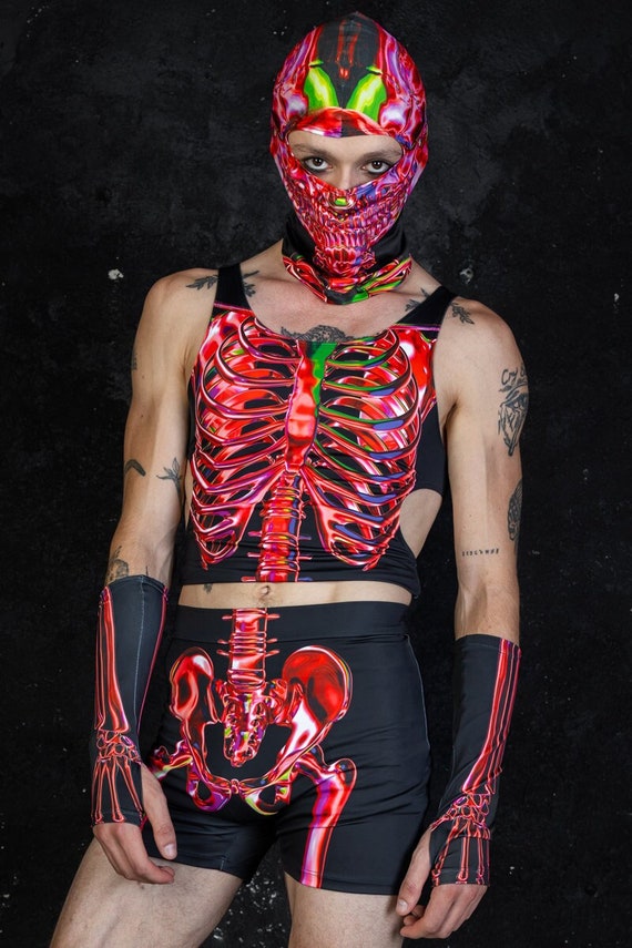 Red Skeleton High Waisted Shorts for Men, Spandex Rave Shorts for Men, 2 Piece Halloween Costume, Rave Bottoms for Men, Gay Halloween Outfit