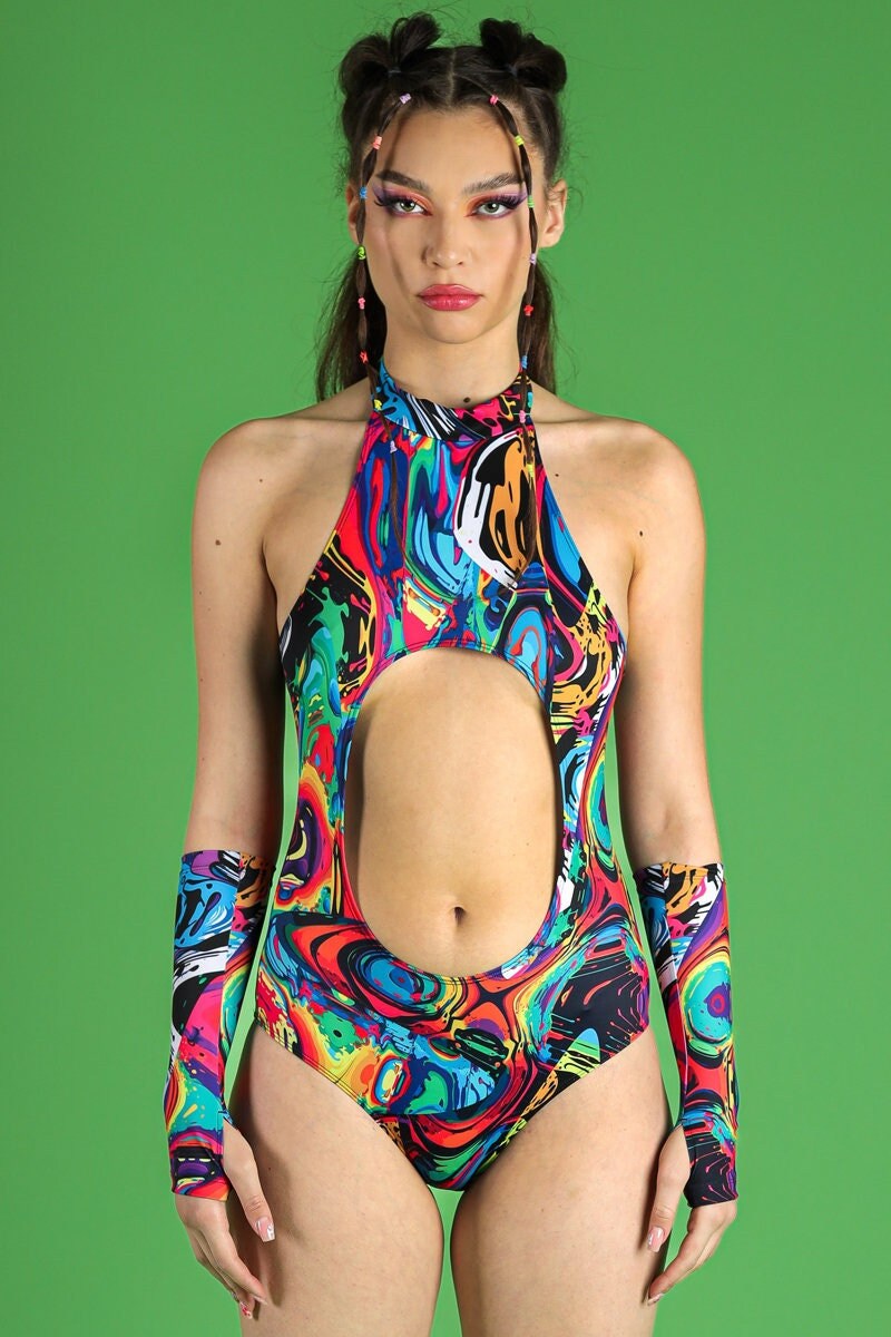 Rainbow Print Bodysuit With Front Cut Out, High Cut Bodysuit, Rave Body ...