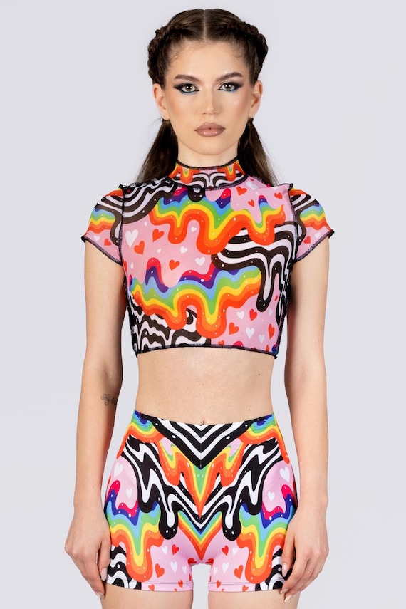 Drippy Rainbow Crop Top, Short Sleeves Cropped Tee, Mesh Mock Neck Top, Sheer Pride Crop Top, Rave Top, Rave Outfit, Festival Co Ord Set