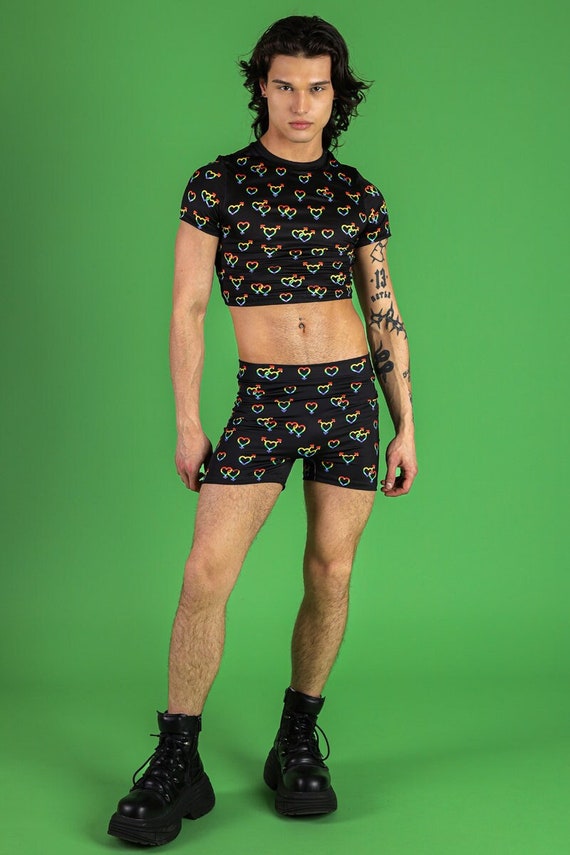 Black High Waisted Shorts With Rainbow Elements Pride Spandex Shorts Men s Rainbow Rave Outfits Co ord Set for Women Pride Wear Etsy Canada