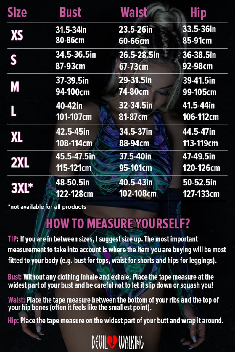 Puede incluir: Tabla de tallas para ropa con medidas en pulgadas y cent&iacute;metros. La tabla incluye tallas XS a 3XL, con medidas de busto, cintura y cadera para cada talla. La tabla tambi&eacute;n incluye un consejo sobre c&oacute;mo medirte para obtener el mejor ajuste.