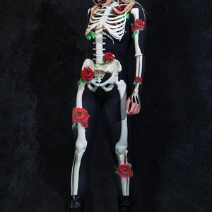 Halloween Costume for Women, one piece skeleton costume with roses, Day of the Dead costume, skeleton bodysuit, Halloween adult costume image 3