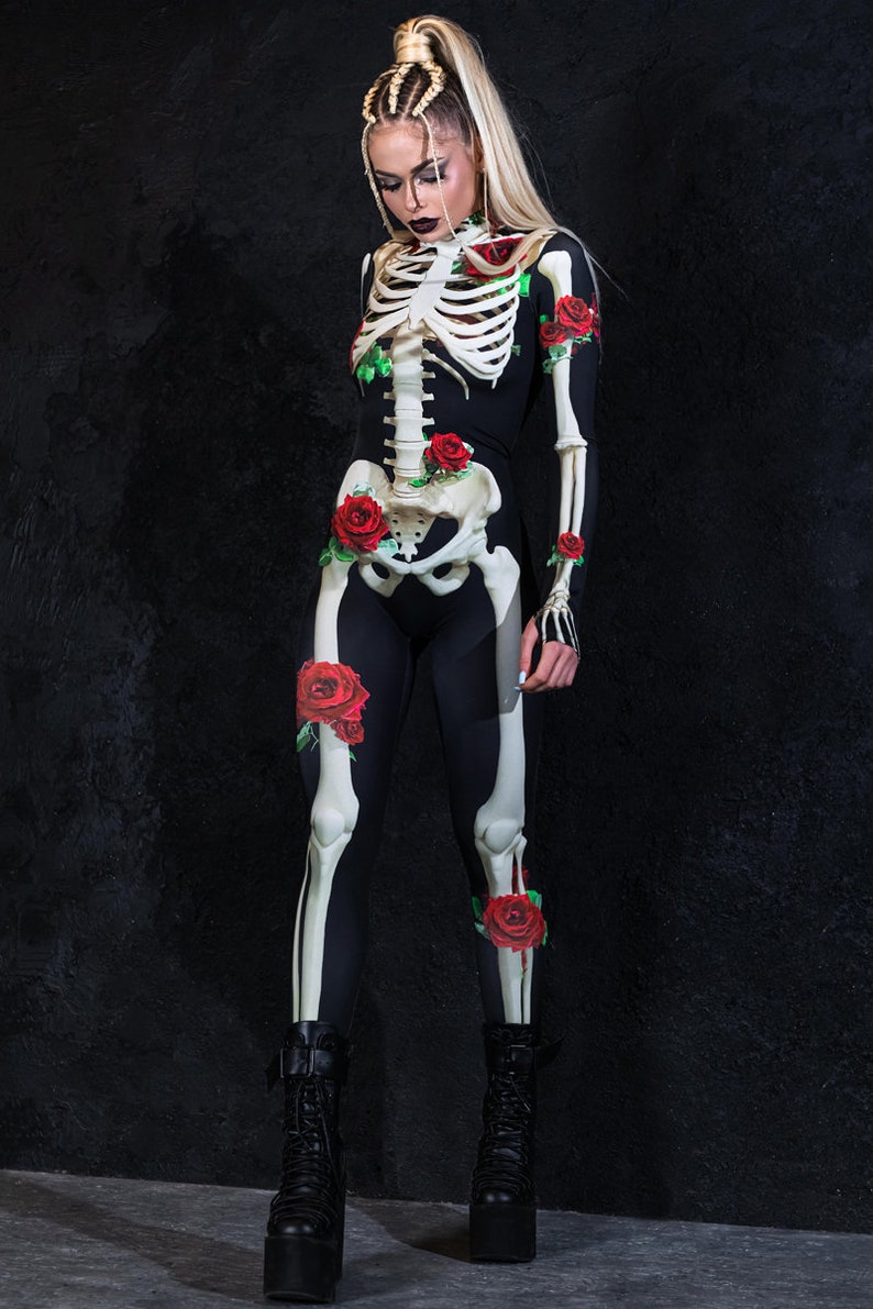 Halloween Costume for Women, one piece skeleton costume with roses, Day of the Dead costume, skeleton bodysuit, Halloween adult costume image 3