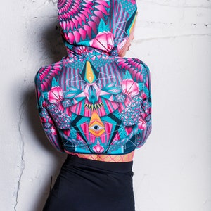 Psychedelic Hoodie Crop Top, long sleeve hooded top, kawaii top, rave crop top for summer, festival outfit, plus size festival clothing