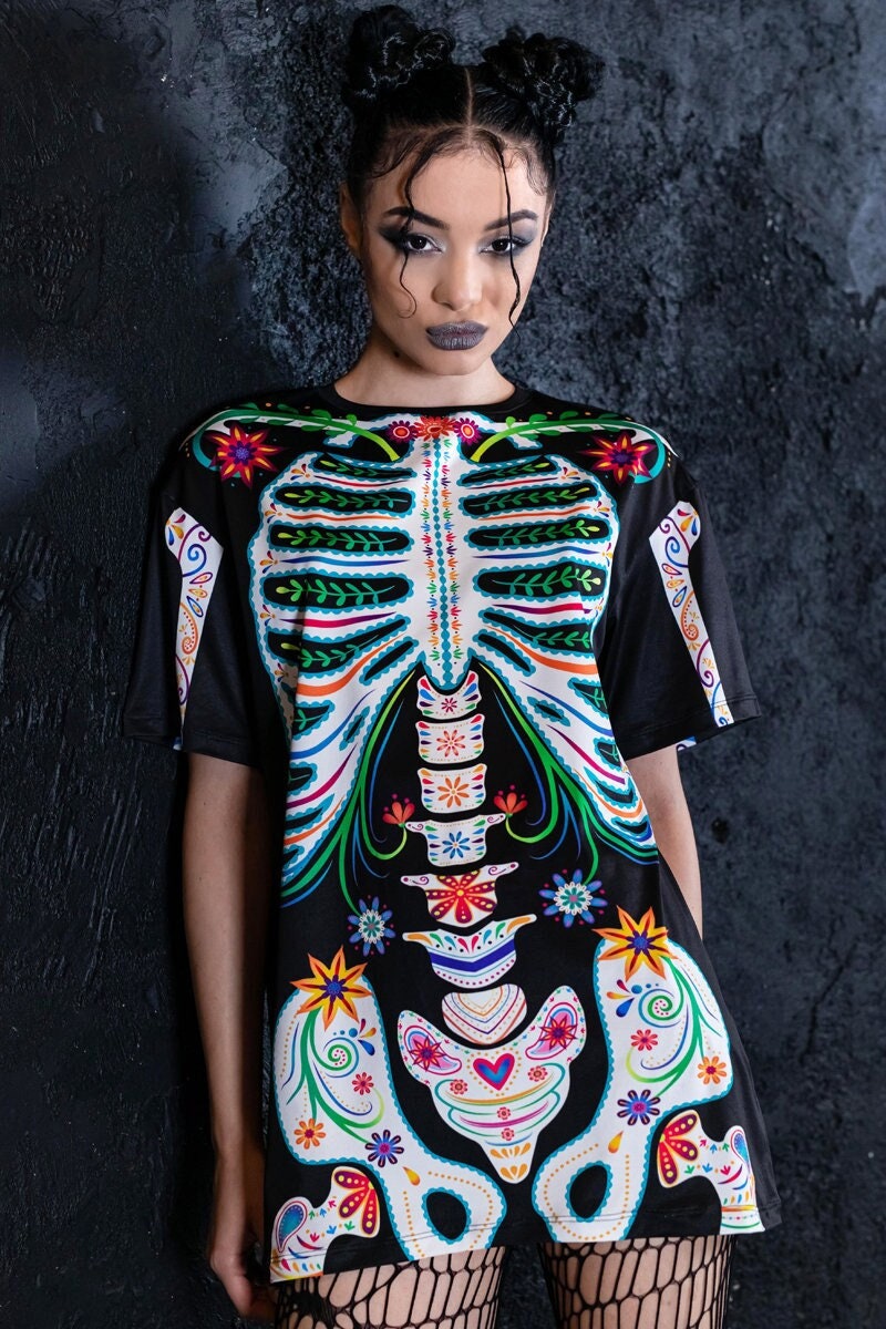 T-shirt squelette en sucre pour femme, t-shirt le jour des morts, t-shirt graphique squelette, robe chemise d'Halloween, t-shirt mexicain, tenue d'Halloween