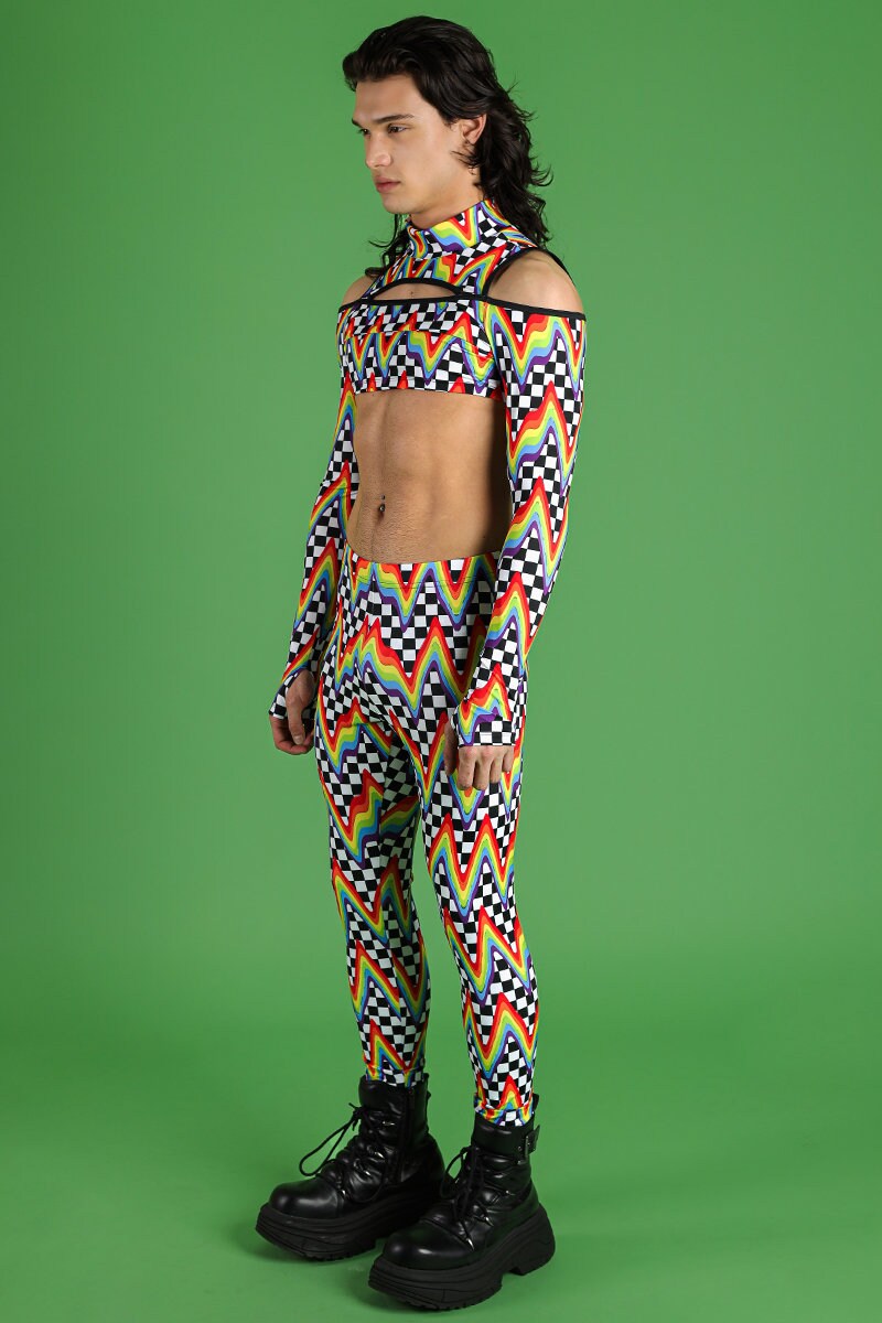 Checkered Long Sleeve Cut Out Crop Top, Rainbow Rave Keyhole Crop Top ...