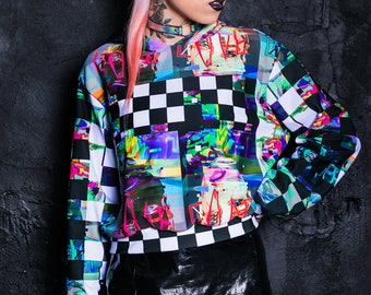 Sudadera estampada, sudadera a cuadros, sudadera corta, sudadera corta atrevida, sudaderas para mujer, sudadera psicodélica, ropa para festivales, atuendo para fiestas rave