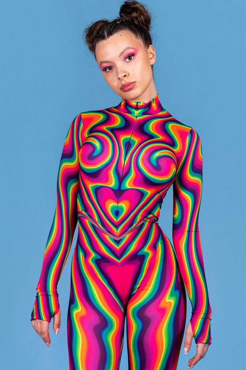 Rave Costume with Front Zip, pink one piece bodysuit, rave jumpsuit, full body costume for women, aerial costume, rainbow rave outfit image 1