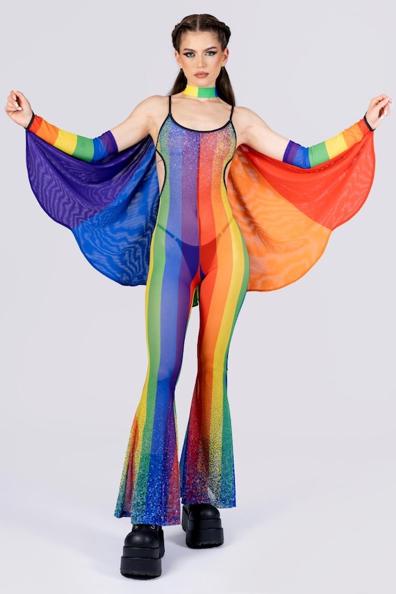 Outfit Pride Jumpsuit Open Back Mesh Jumpsuit, Rainbow Rave