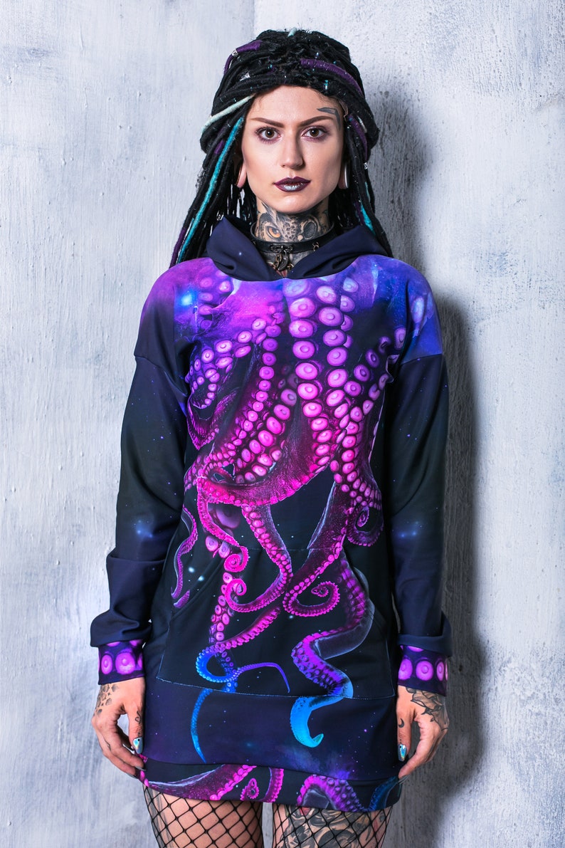 Octopus Hoodie, hoodie dress, long hoodie for women, cool graphic hoodie, kawaii clothing, pastel goth clothing, purple hoodie with tentacle image 1