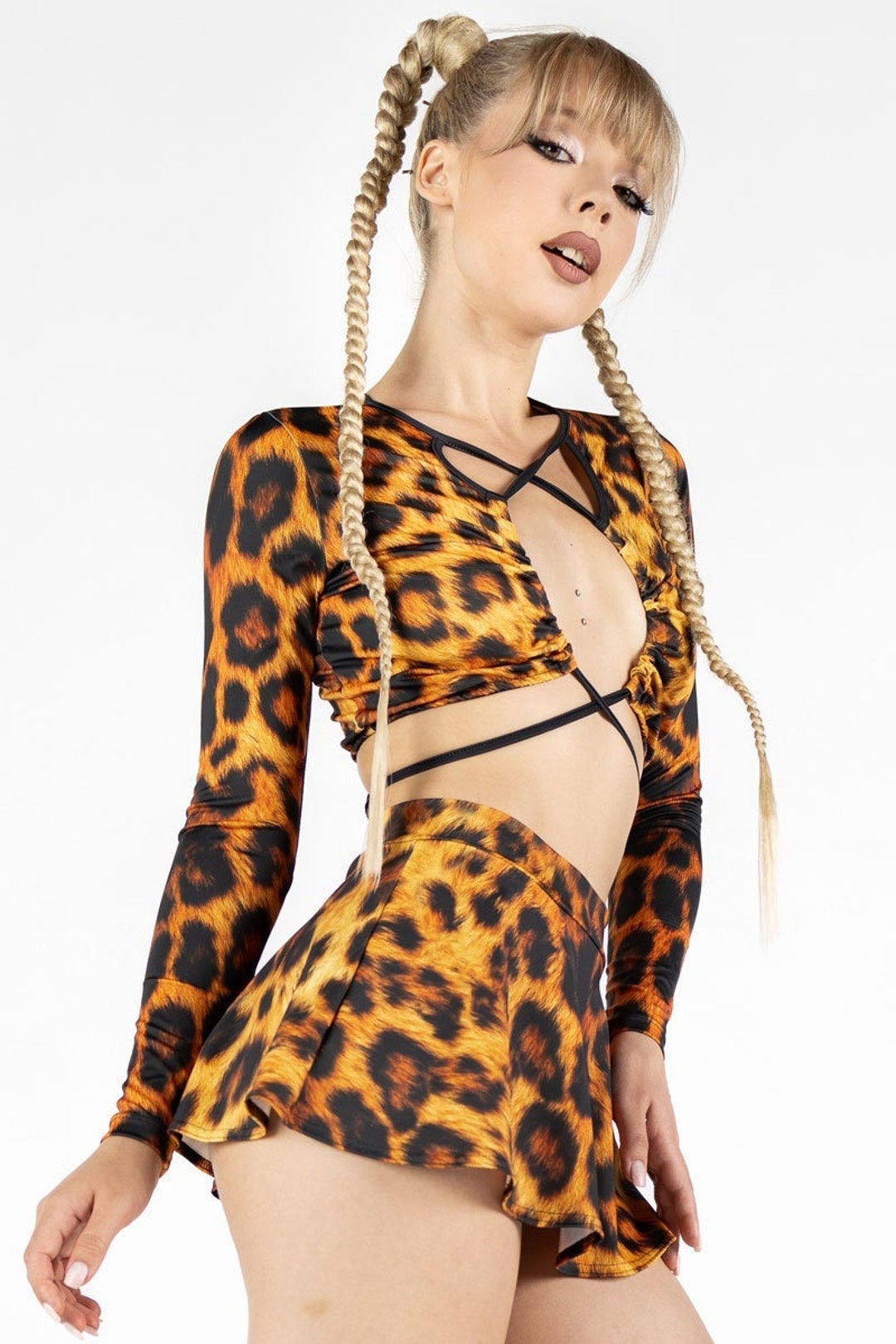 Leopard print deep V neck halter hollow out mini skirt set