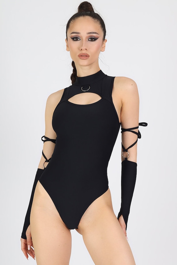 Black Keyhole Bodysuit, black thong bodysuit, black rave outfit, pool party outfit, rave cut out bodysuit, black arm warmers, rave clothes