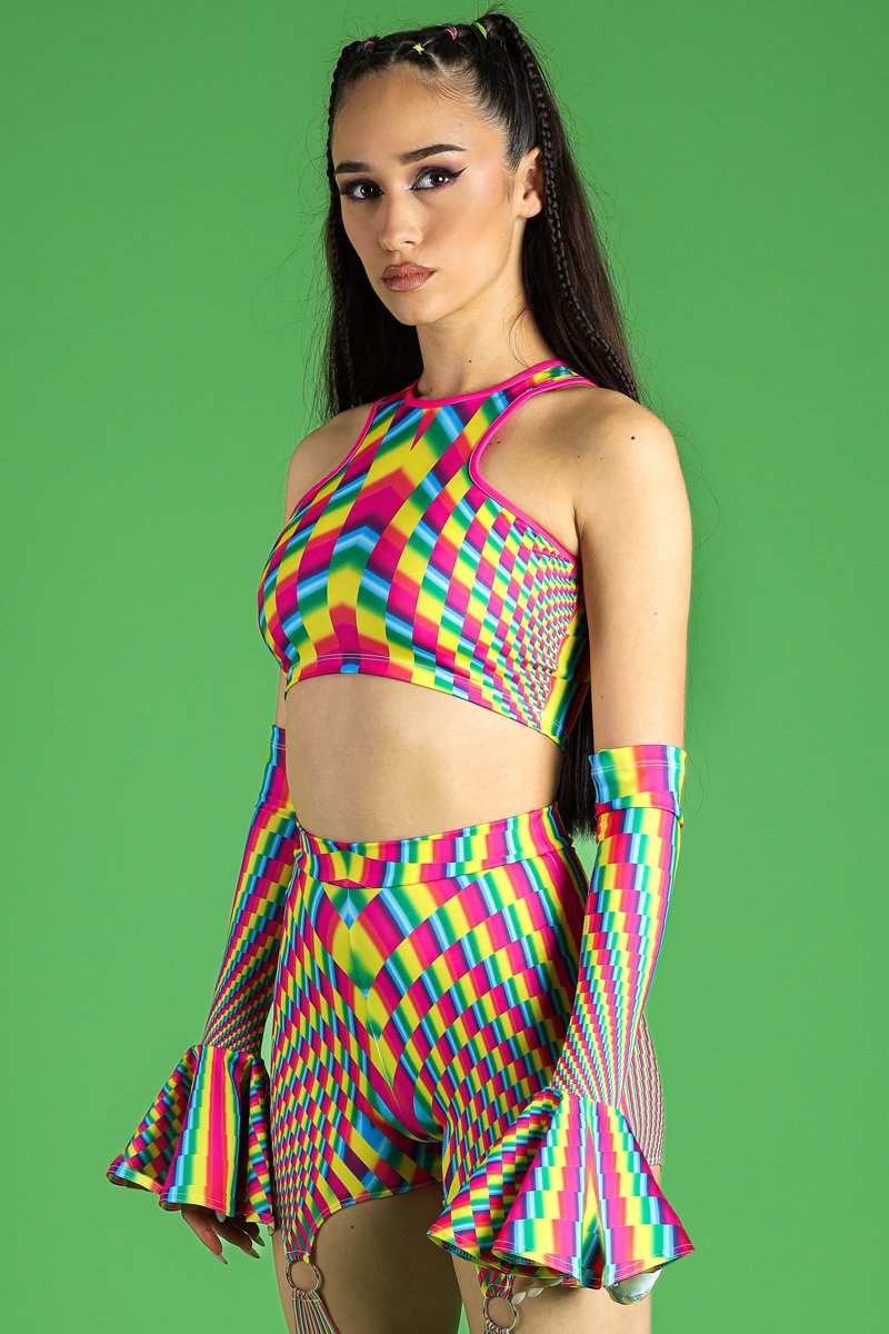 Green Rave Tops Rainbow Crop Top, Summer Rave Half Crop Top, Festival Midriff Top, Co ...