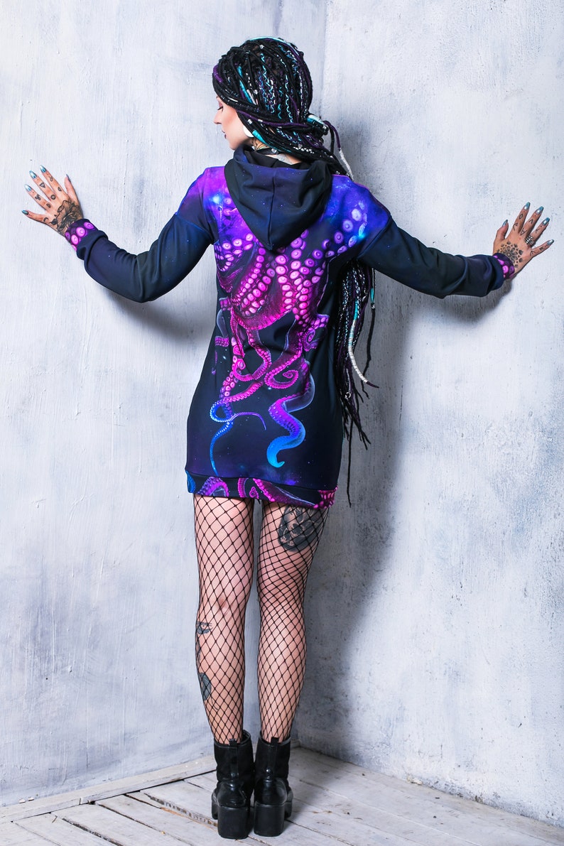 Octopus Hoodie, hoodie dress, long hoodie for women, cool graphic hoodie, kawaii clothing, pastel goth clothing, purple hoodie with tentacle image 4