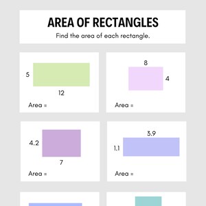 以下が含まれることがあります： 異なる色と寸法の5つの長方形が描かれたワークシート。各長方形には、長さ、幅を表す数字が書かれています。ワークシートは、各長方形の面積を求めるように指示しています。