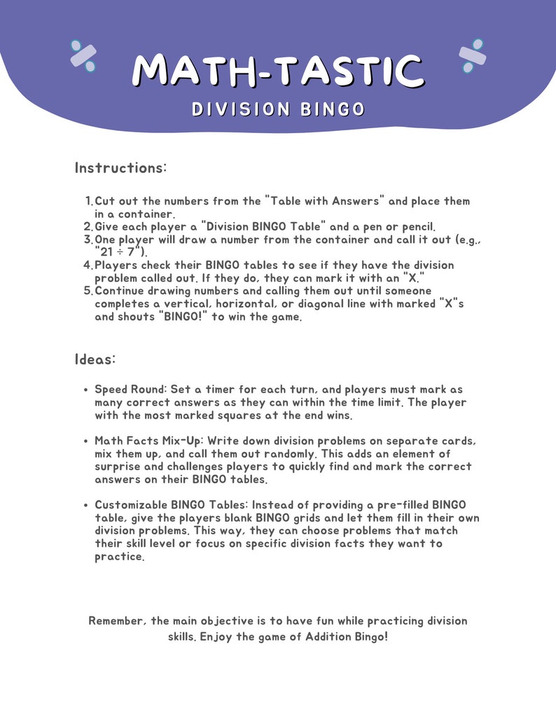 Math Division Bingo Worksheets **DIGITAL** - Etsy