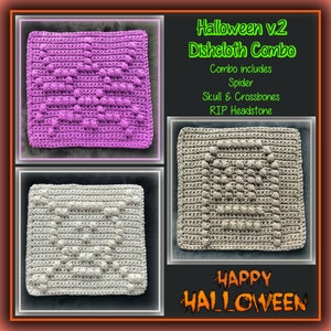 Könnte beinhalten: Ein Set aus drei gehäkelten Geschirrtüchern mit Halloween-Motiven. Die Geschirrtücher sind in Lila, Grau und Beige. Die Designs beinhalten eine Spinne, Totenkopf und Knochen sowie einen RIP-Grabstein. Der Text "Halloween v2 Dishcloth Combo" und "Happy Halloween" ist ebenfalls im Bild enthalten.