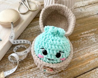 Baby Dimples Dumpling Plushie with Steamer Basket - Amigurumi Stuffed Toy - Aqua