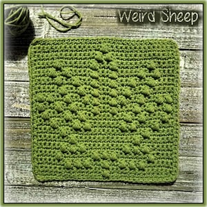 May include: A green crocheted square with a textured pattern, titled "Weird Sheep".