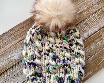 Merino Wool Knit Beanie with  Removable Faux Fur Pom - Sprinkle Heaven