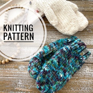May include: Knitting pattern for a pair of colourful fingerless gloves. The gloves are made with a blue, green and purple yarn with white flecks. The gloves have a white tag that says "Weird Sheep".