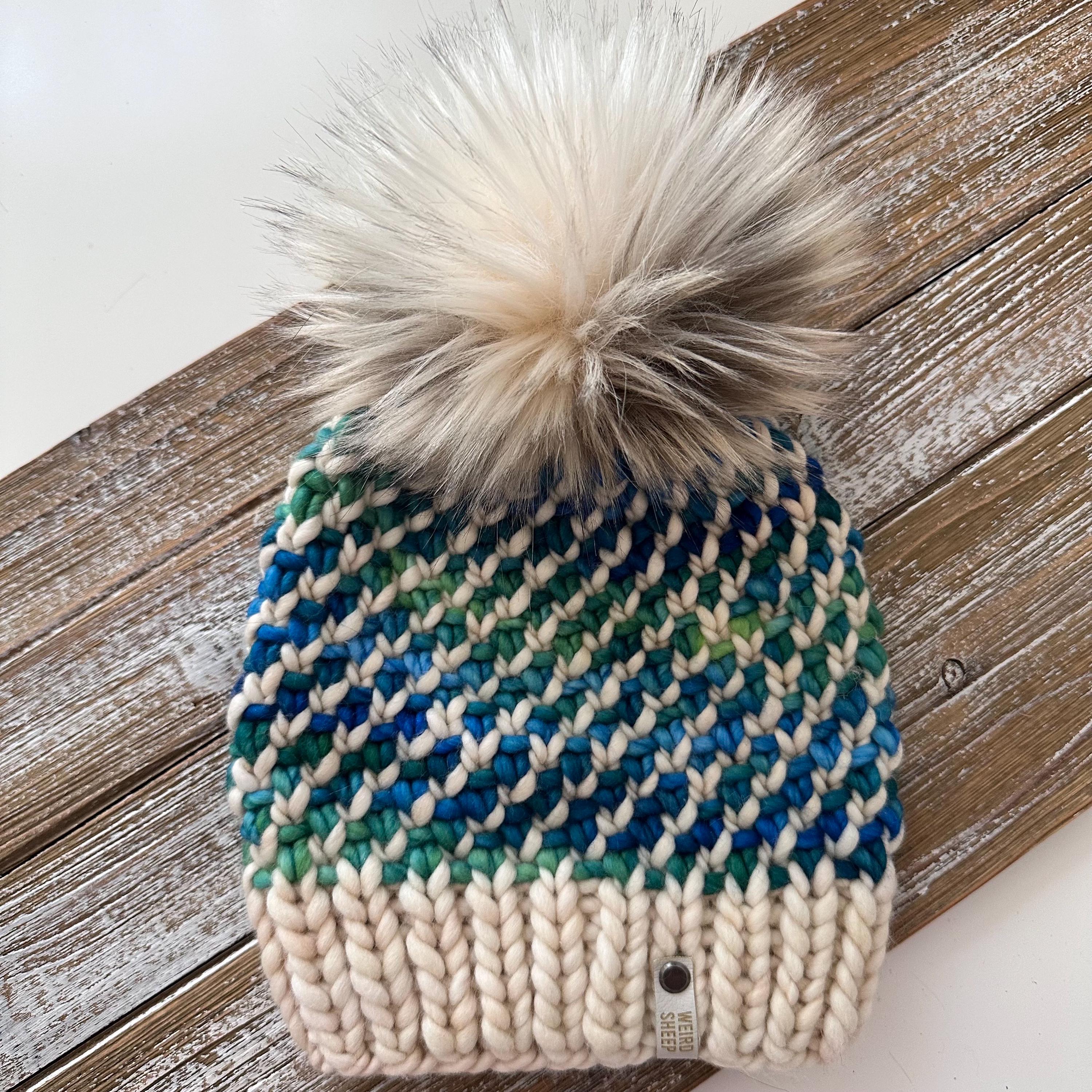 Merino Wool Knit Beanie with Faux Fur Pom Pom A Lady Danger Kaleidoscope Hat Removable Pom Solis and Ivory