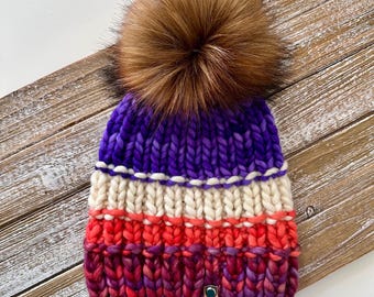 Handknit Merino Wool Beanie: Lavender Ombre, Faux Fur Pom  display picture 1