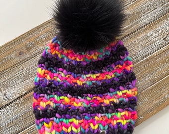 Merino Wool Knit Hat Faux Fur Pom Pom A Stormy Rainbow