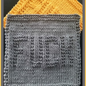 May include: Two knitted dishcloths, one grey with a textured pattern and one yellow with a diamond pattern.