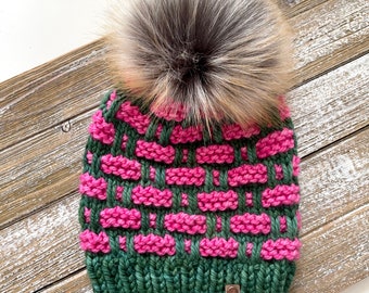 Merino Wool Knit Hat with Faux Fur Pom Pom