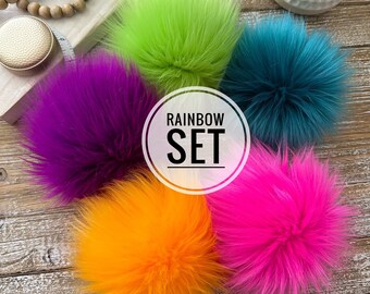 A Rainbow Set Lux Faux Fur Pompom | Lux Pom | Handmade Pompom | XL Pompom | Faux Fur | Vegan Pompom | Removable Faux Fur Pompom