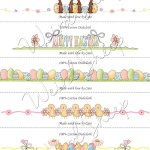 May include: Easter-themed dishcloth designs featuring bunnies, eggs, and chicks. The designs include the text "Happy Easter" and "100% Cotton Dishcloth". The designs are in pastel colours with floral accents.