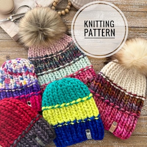 May include: Five colourful knitted hats with pom poms. The hats are made with chunky yarn and have a variety of colour combinations. The hats are arranged on a wooden surface with the text "Knitting Pattern" in a circle above them.