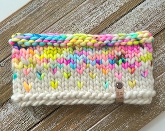 Merino Wool Knit Headband - Natural and Neon Rainbow