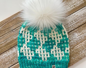 100% Merino Wool Knit Beanie – Teal and Natural Domino Beanie, Removable Faux Fur Pom