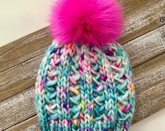 Merino Wool Knit Beanie with  Removable Faux Fur Pom - A Teal Bouquet
