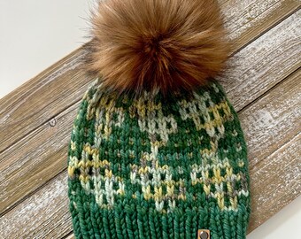 Merino Wool Knit Hat with Faux Fur Pom Pom - Forest Green and Mariposa Mix