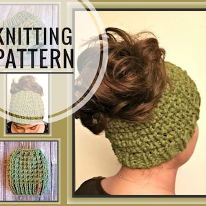 May include: Knitting pattern for a green and brown headband with a hole for a ponytail. The headband is shown on a model with brown hair.