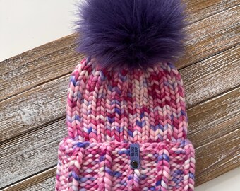 Handknit Merino Wool Beanie: Lavender Ombre, Faux Fur Pom  display picture 1