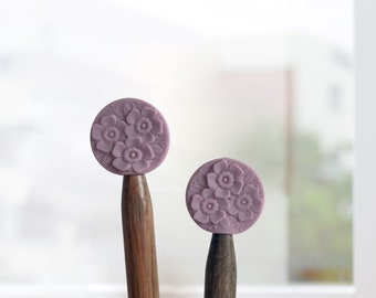 Floral Disc Stitch Stoppers | Purple Knitting Needle Accessory